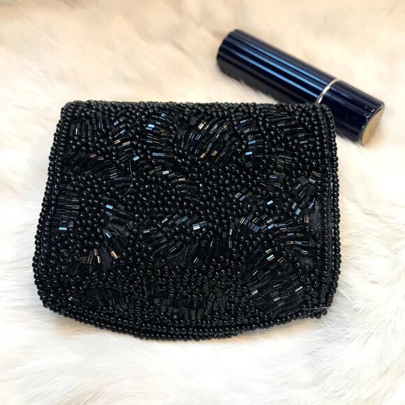 Vintage Beaded Lipstick Case Black with Mirror - Picture 4 of 7